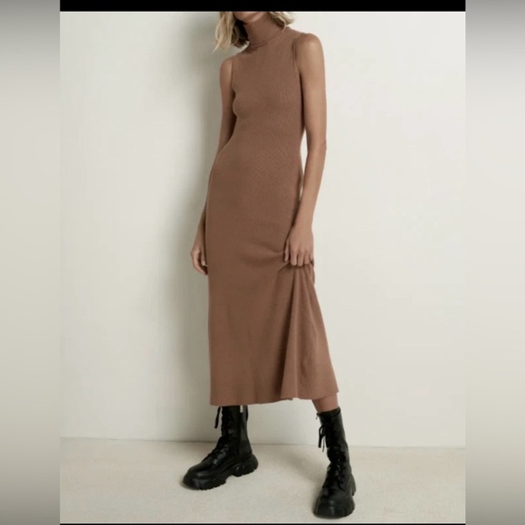 Zara Dresses & Skirts - Zara Sleeveless Tan turtle neck midi Dress